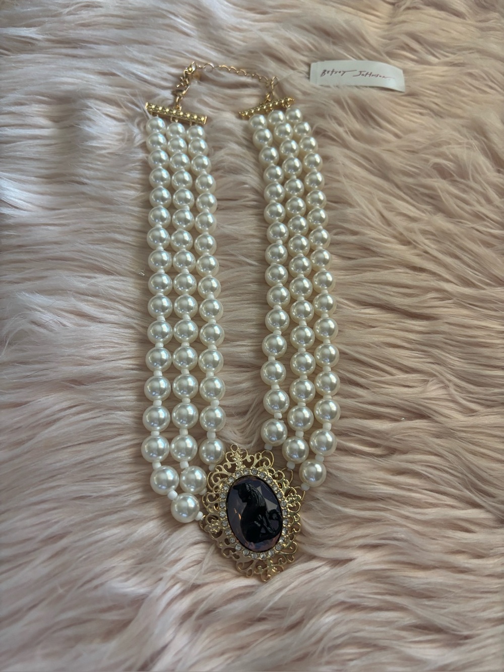 Betsey Johnson White Pearl Multi-Row Necklace with Black Cameo Pendant